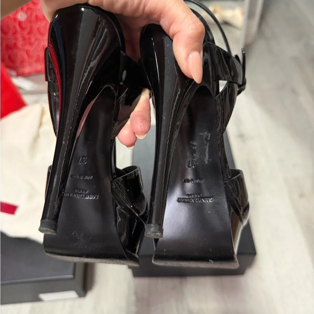 Saint Laurent Black Patent Leather Platform Sandals with Gold Logos